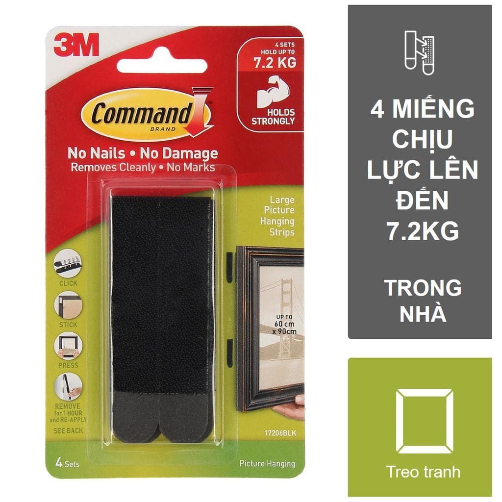 Bộ 8 Miếng dán treo tranh Command 3M tải trọng 7.2kg độ bền cao bám cực chắc tháo cực dễ Black 1 vỉ 8 miếng