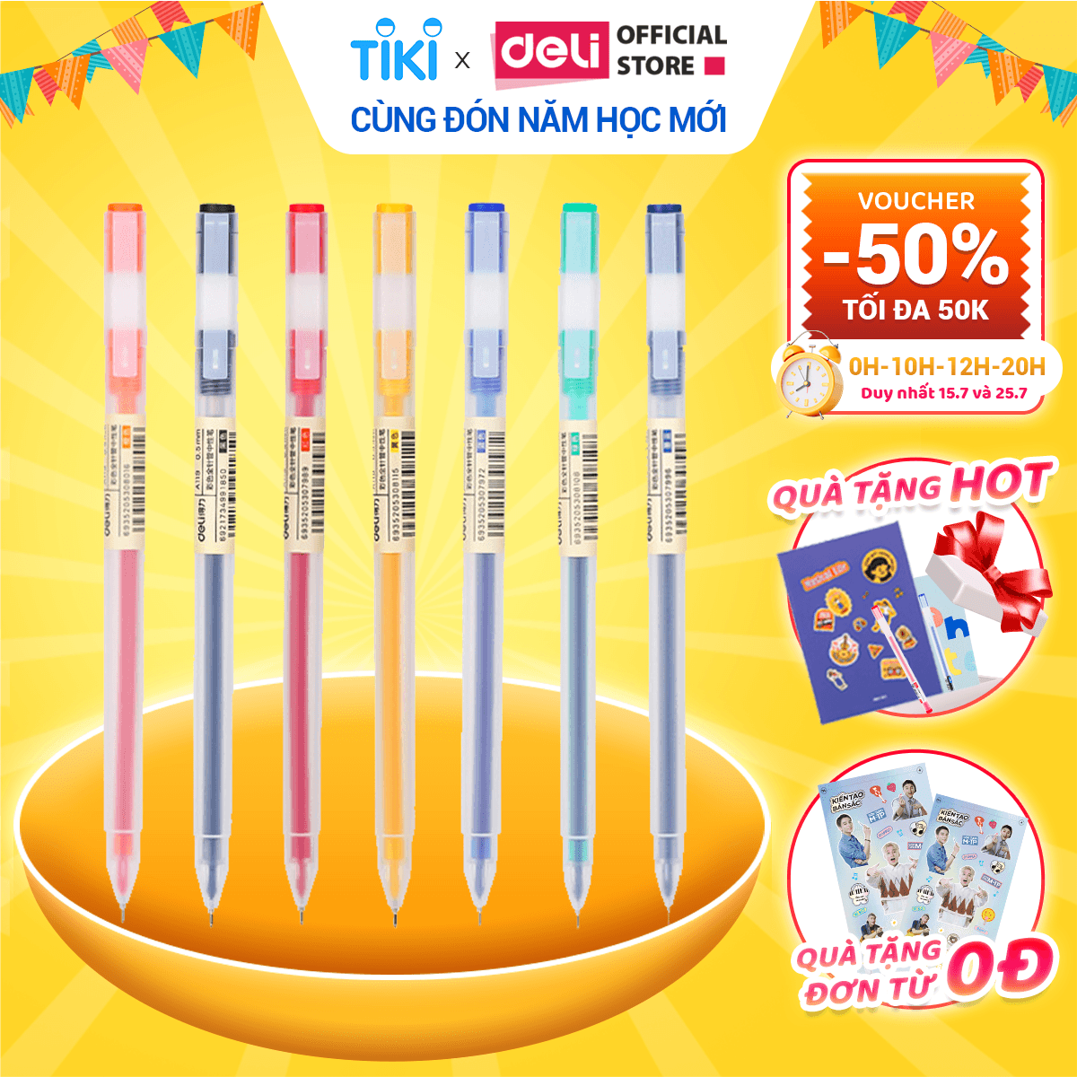 Bút bi gel 0.5mm nhiều màu Deli Có nắp gài 1 chiếc Đỏ Xanh Dương Xanh Lá Tím Cam A119 Xanh dương nhạt