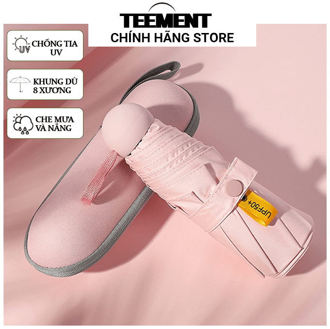 Ô Dù Gấp Gọn Mini Teement 19cm Dù Che Mưa Dù Chống Tia Uv Mini Siêu Gọn 8 Xương Có Hộp Đựng Chống Sốc Màu Hồng