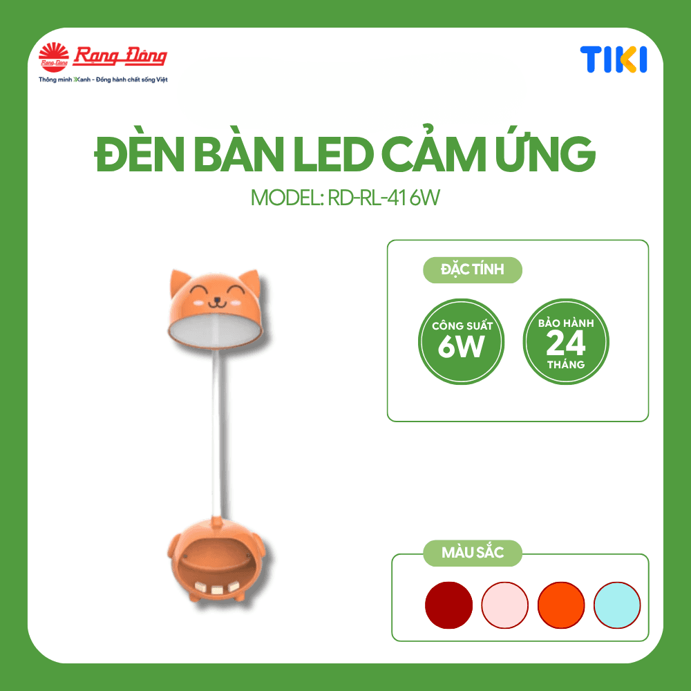 Đèn bàn cảm ứng Rạng Đông thế hệ mới công tắc cảm ứng được bố trí ở 2 bên tai của thân đèn màu sắc phong phú hình con vật ngộ nghĩnh đáng yêu Cam