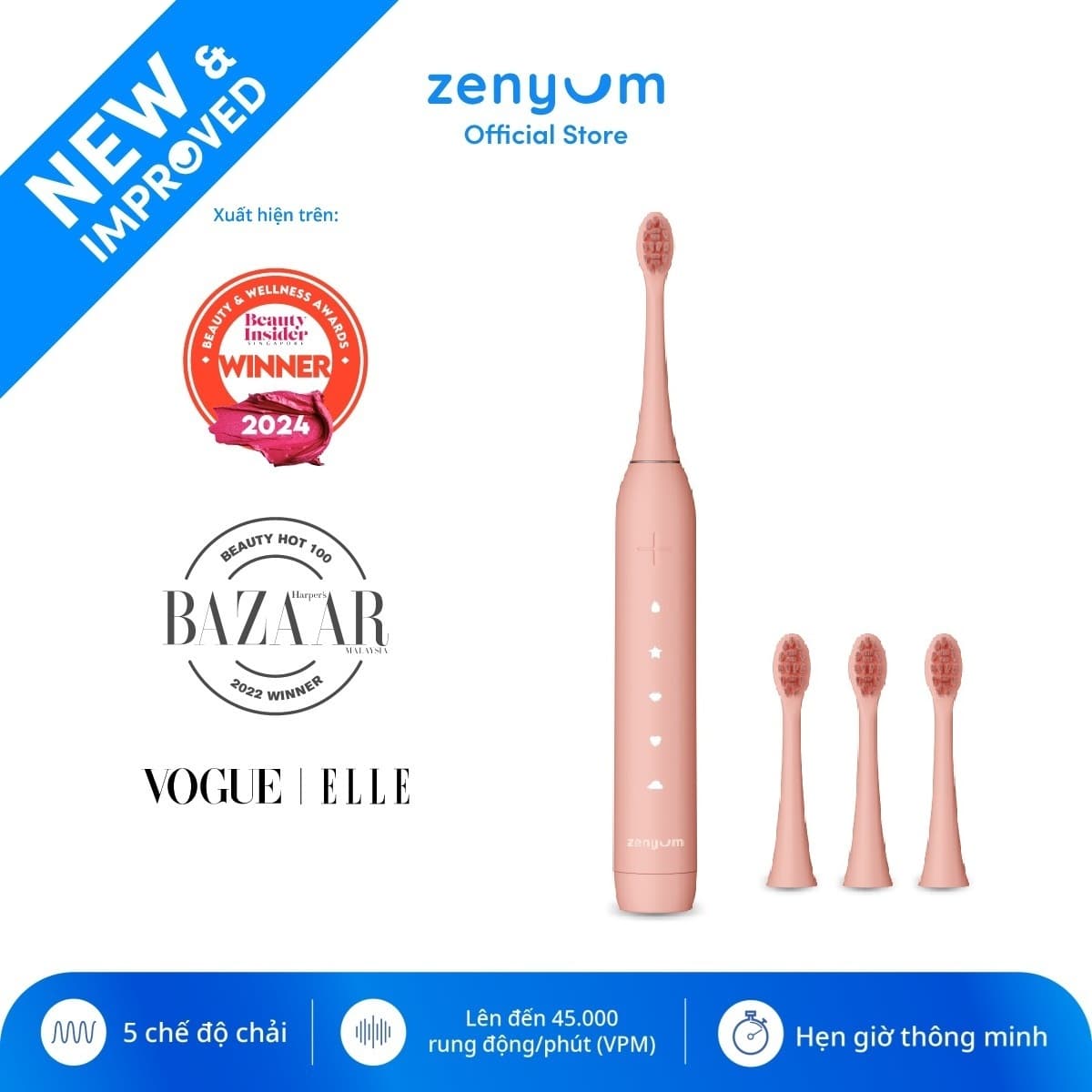 Bộ Bàn Chải Đánh Răng Điện ZenyumSonic 2.0 &3 Đầu Thay Thế Hồng San Hô Công Nghệ Singapore