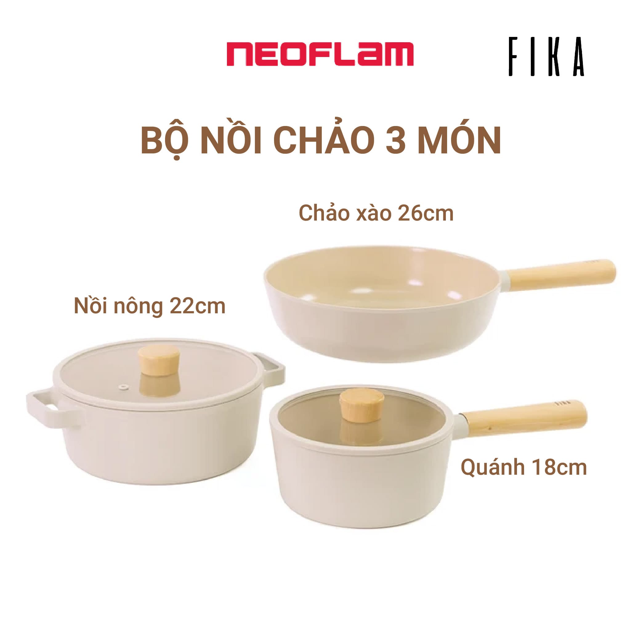 Bộ nồi chảo cao cấp chống dính bếp từ Neoflam Fika 3 món. Made in Korea. Hàng có sẵn giao ngay