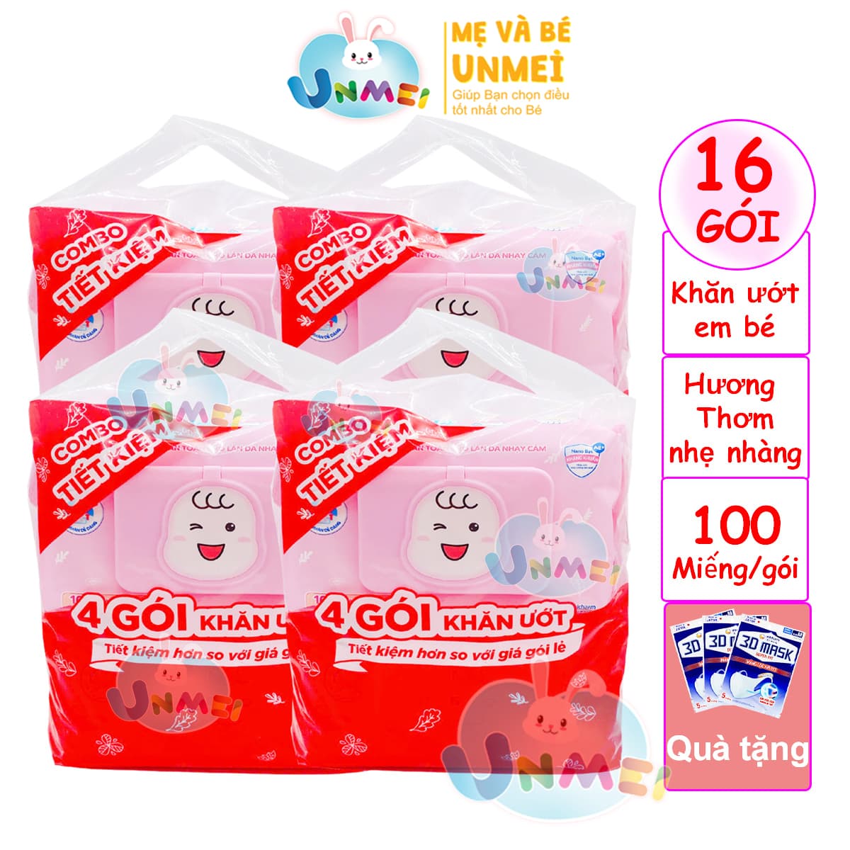 Combo Tiết Kiệm Thùng 16 Gói Khăn Ướt Bobby Care Hương Dịu Nhẹ 100 MiếngGói tặng 15 khẩu trang Unicharm Nhật Bản