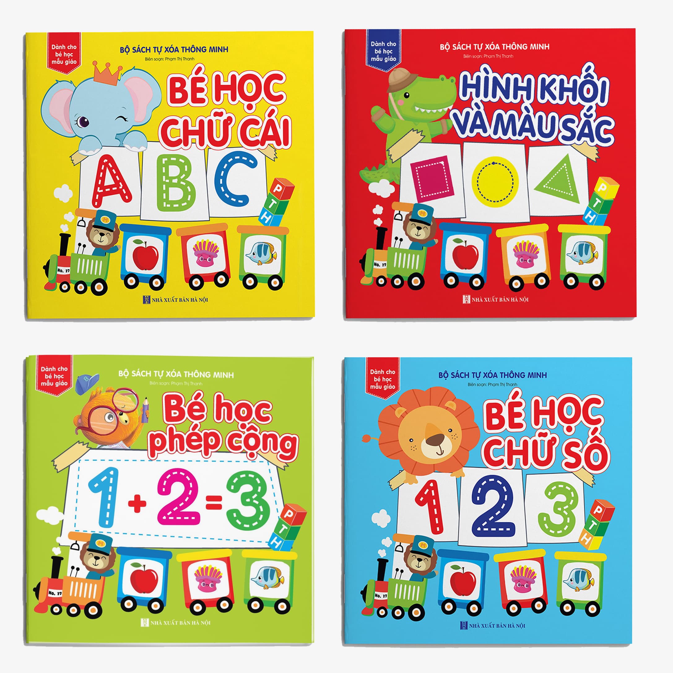 Combo 4 cuốn Sách tự xóa Chữ cái Toán Chữ số Hình khối &Màu sắc tặng kèm bút