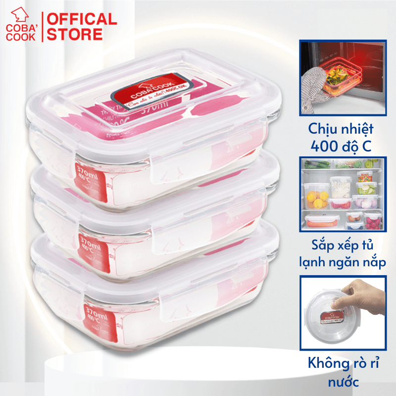 Bộ 3 hộp thủy tinh chịu nhiệt hình chữ nhật dung tích 370ml CCL33