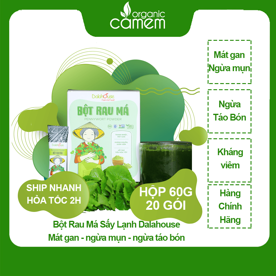 Bột rau má sấy lạnh dalahouse hỗ trợ thanh nhiệt mát gan giảm mụn hiệu quả. Mỗi ngày 1 ly rau má chia tay táo bón Hộp 60gram