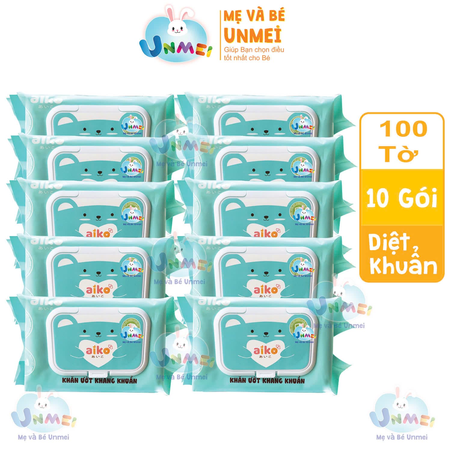 Combo 10 Gói Khăn Ướt Aiko Kháng Khuẩn 100 tờGói không hương màu Xanh