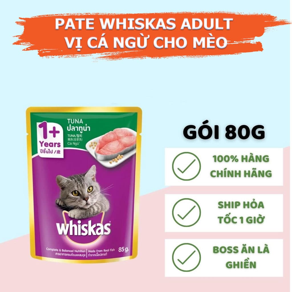 Pate Cho Mèo Lớn Pate Whiskas Adult Cá Ngừ Cho Mèo Túi 12 Gói x 80g 1 Gói