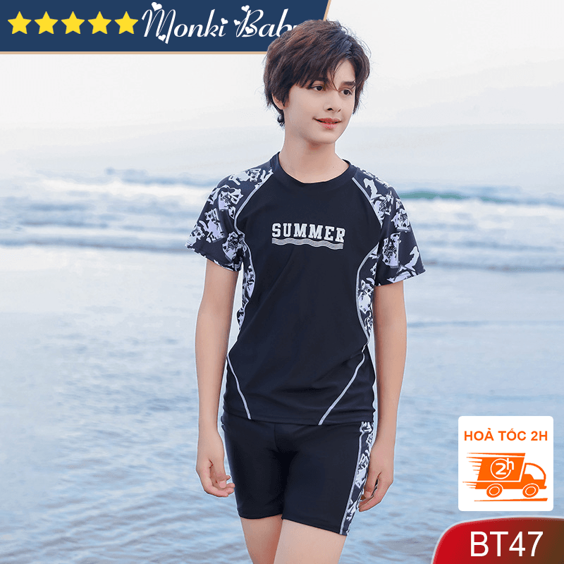 Đồ bơi size đại cho bé trai áo tắm big size cho trẻ em trai lớn đến 63kg mẫu cao cấp chất thun bơi Lycra đẹp dày dặn phom chuẩn dáng khỏe thể thao BT47 Đen 150