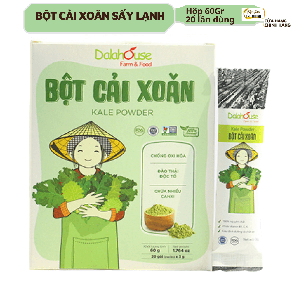 Bột cải xoăn hữu cơ sấy lạnh Dalahouse Hộp 20 gói 3gr tiện lợi Đào thải độc tố chống ô xy hóa bổ sung can xi hữu cơ cho cơ thể