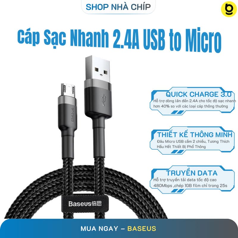 Cáp Sạc Nhanh Micro USB Cho Smartphone Android 2.4A Baseus Cafule 1m Xám