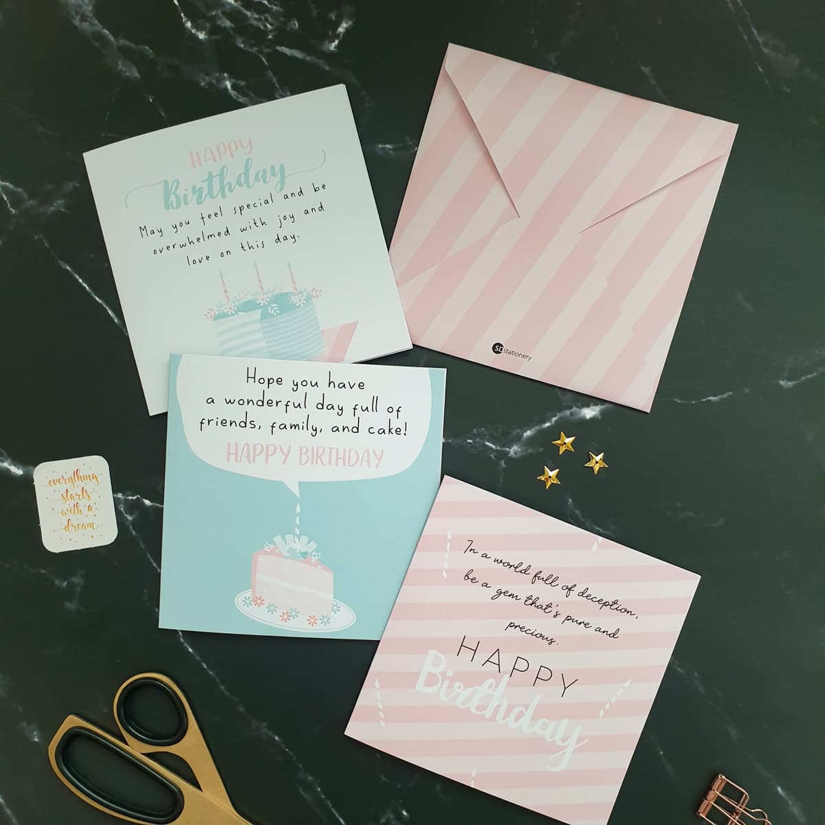 Thiệp chúc mừng sinh nhật SDstationery Pastel Pink 12x12 họa tiết bánh ngọt màu hồng pastel trẻ trung nhẹ nhàng Set 3 thiệp