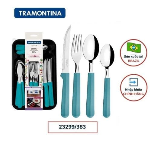 Bộ Dao Thìa Dĩa Bàn Ăn TULUM 25 Món 6 Thìa To 6 Thìa Nhỏ 6 DĩaNĩa 6 Dao 1 Khay Nhựa Cán Nhựa PP Kèm Khay Nhựa Tramontina 23299 Sản Xuất Tại Brazil Nhiều Màu Xanh Coban