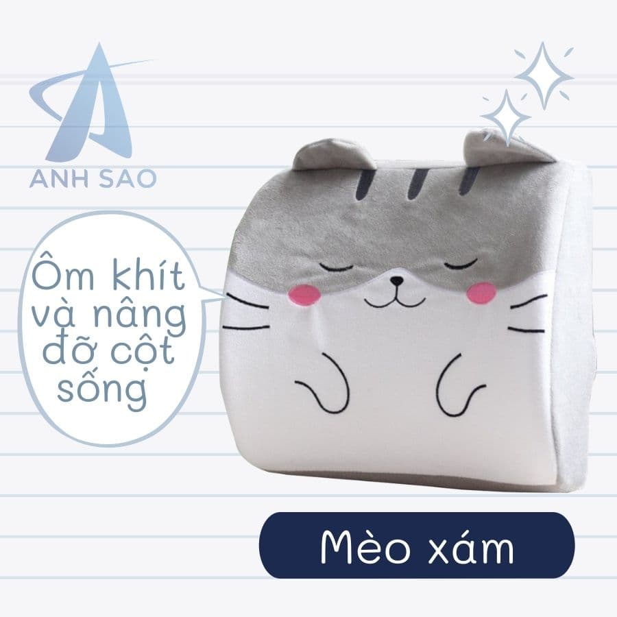 Gối tựa lưng văn phòng cao su non A kích thước 34 x 34 cm x 610cm Mèo xám