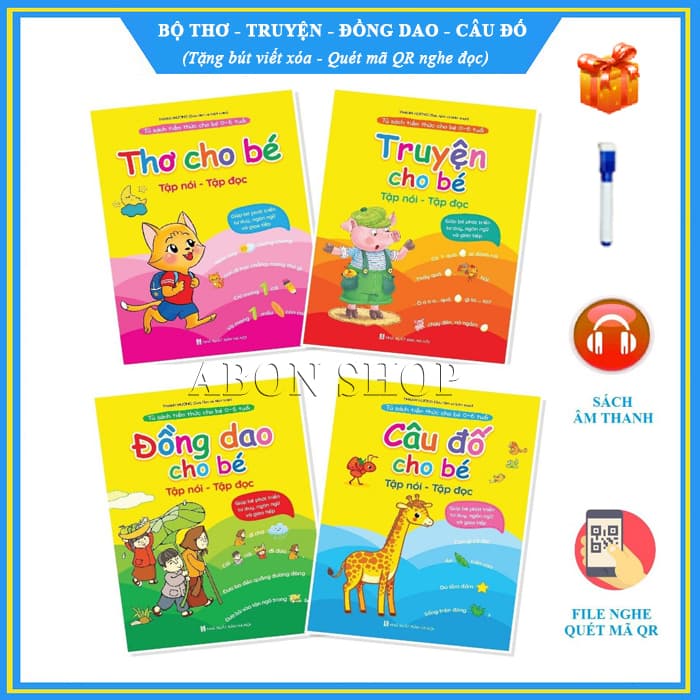 Trọn bộ gồm 4 quyển Đồng dao Thơ Truyện Câu đố cho bé Tủ sách tiềm thức kèm File đọc quét mã QR ngay trên từng quyển Tặng 1 bút viết xóa