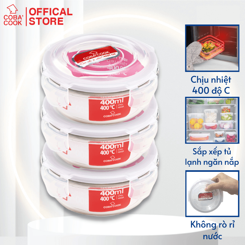 Bộ 3 hộp thủy tinh chịu nhiệt hình tròn dung tích 400ml COBACOOK CCR43