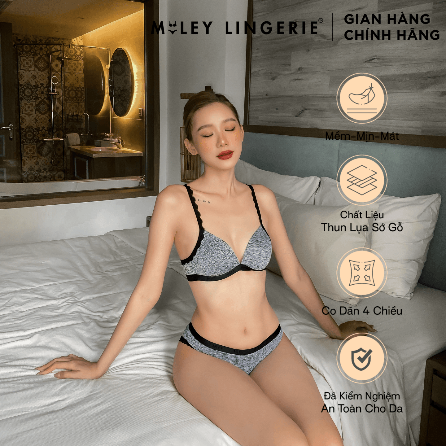 Áo Ngực Sớ Gỗ Không Gọng Lưng Logo Sporty Chic Miley Lingerie BRW Màu Xám Đen 34A