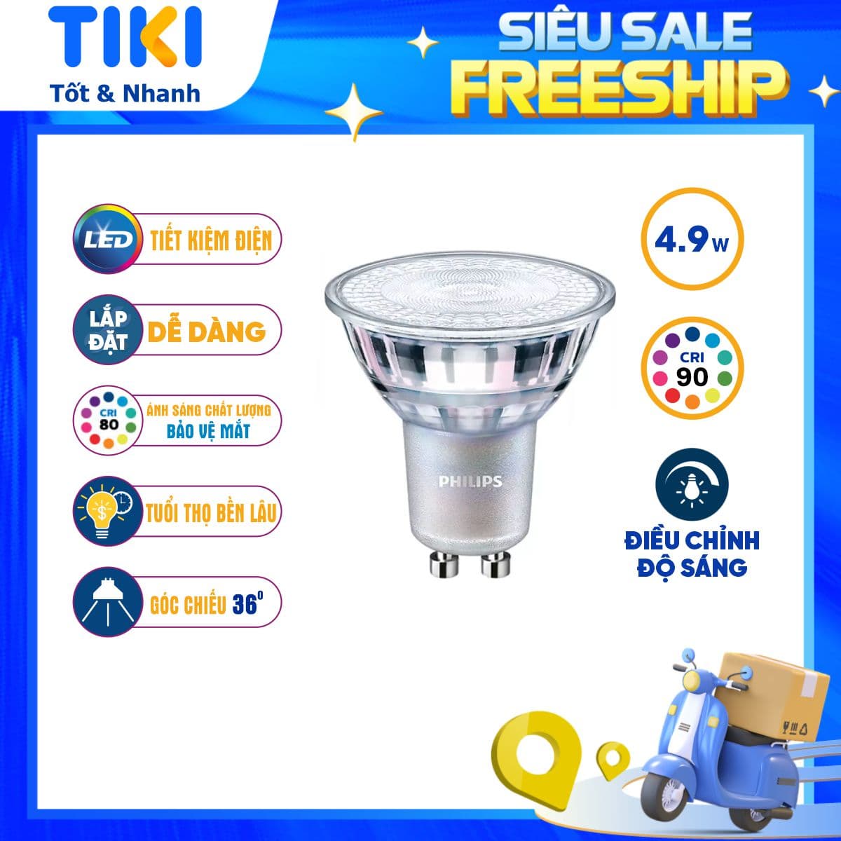 Bóng đèn rọi Master LED PHILIPS 4.9W GU10 Thay thế hoàn hảo cho đèn Halogen truyền thống Trung tính 4000K