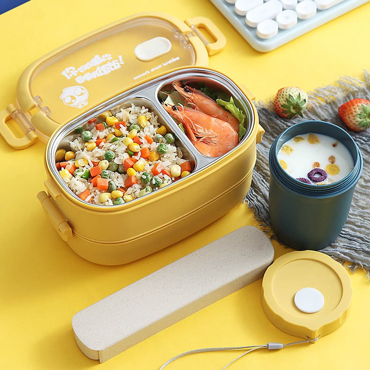 Bộ Hộp Cơm Giữ Nhiệt 2 Lớp 2 Tầng 2 Ngăn INOX304 Thiết Kế Hiện Đại Full Box Hàng Loại 1 MINIIN Vàng