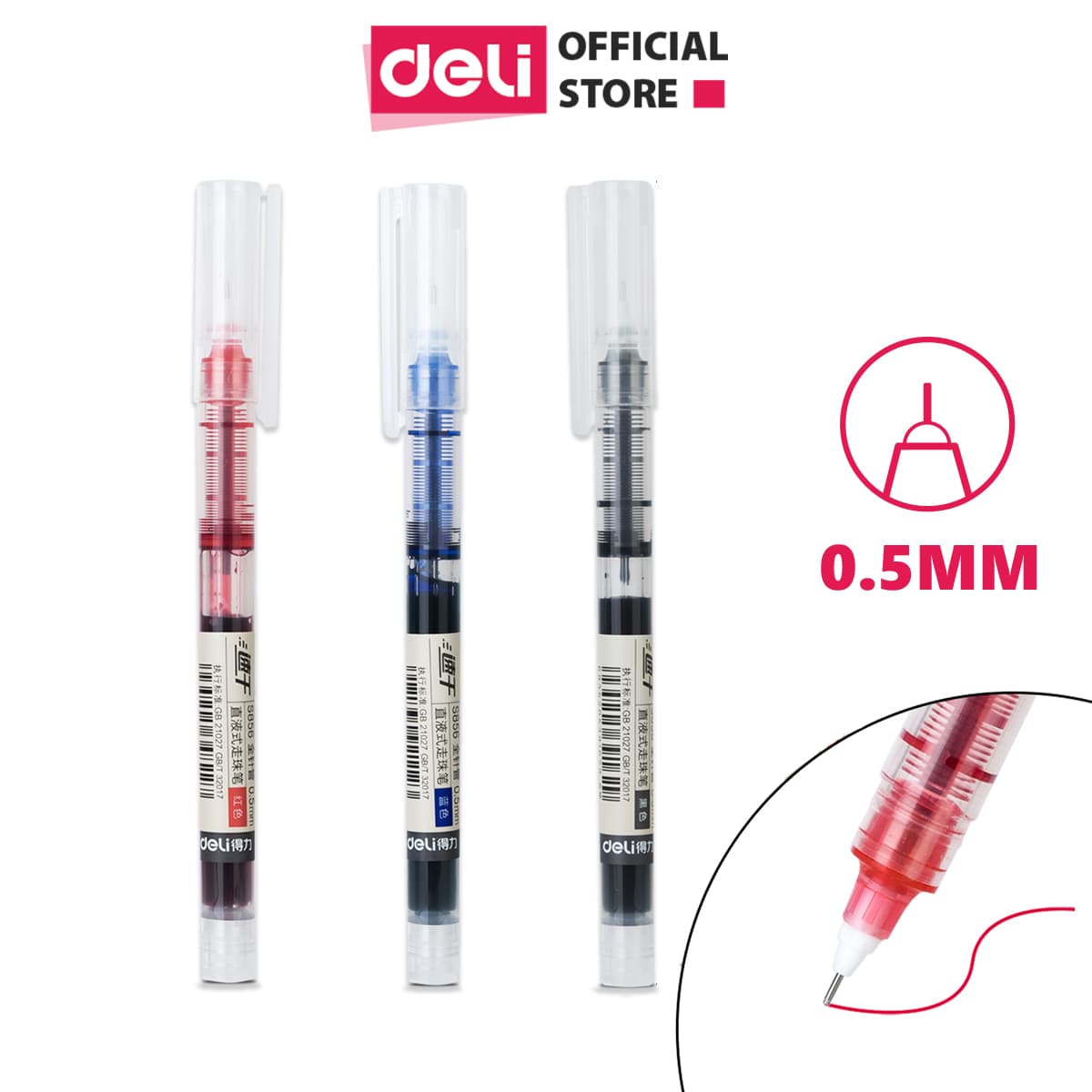 Bút bi nước khô nhanh Deli 0.5mm Bút viết thư pháp Ống bút liền mực Mực Xanh 1 chiếc S856 Mực đỏ