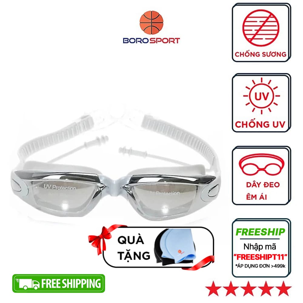 Kính Bơi Tráng Gương kèm bịt tại cao cấp Cleaco chống sương mù chống tia UV Tặng kèm nón bơi Silicon Màu ngẫu nhiên Xám