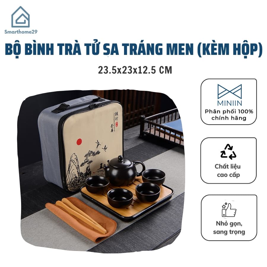 Bộ Bình Trà Tử Sa Tráng Men Mờ Có Túi Đựng Đi Du Lịch Tiện Lợi Gồm 1 Ấm Trà 4 Tách 1 Khay Trà Tặng Kèm Khăn Lau Và Gắp Tre Hàng Loại 1 MINIIN