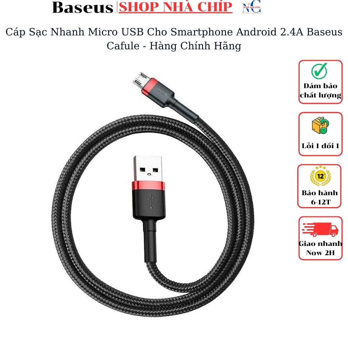 Cáp Sạc Nhanh Micro USB Cho Smartphone Android 2.4A Baseus Cafule 1m Đen