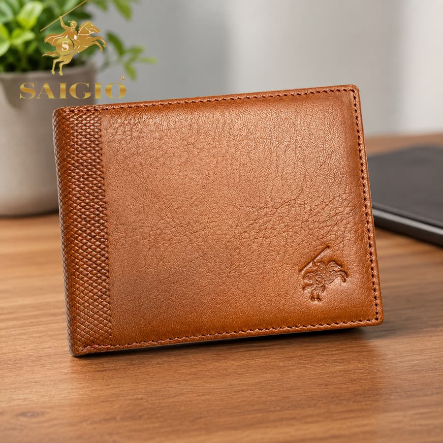 Bóp Nam Da Bò SÁP Họa Tiết Caro Size Lớn Thiết Kế Cổ Điển Đơn Giản Mỏng Nhẹ Dáng Ngang Gập 2 Ngăn Đựng Tiền Có Khóa Kéo Nhiều Ngăn Để Giấy Tờ Tiện Dụng Nâu Bò