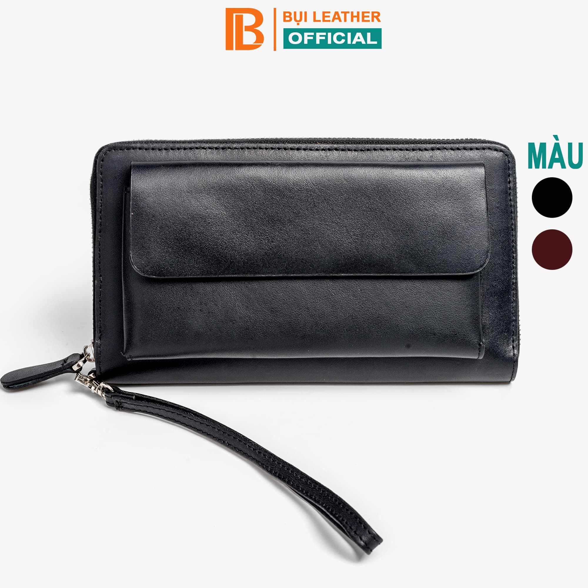 Ví dài cầm tay da bò Mill cao cấp Bụi Leather C107 Màu Đen