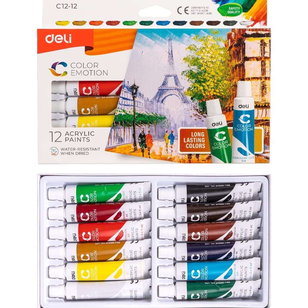 Màu nước Acrylic dạng tuýp 12ml Deli 51224 màu Tặng kèm pallete pha màu 12 Màu