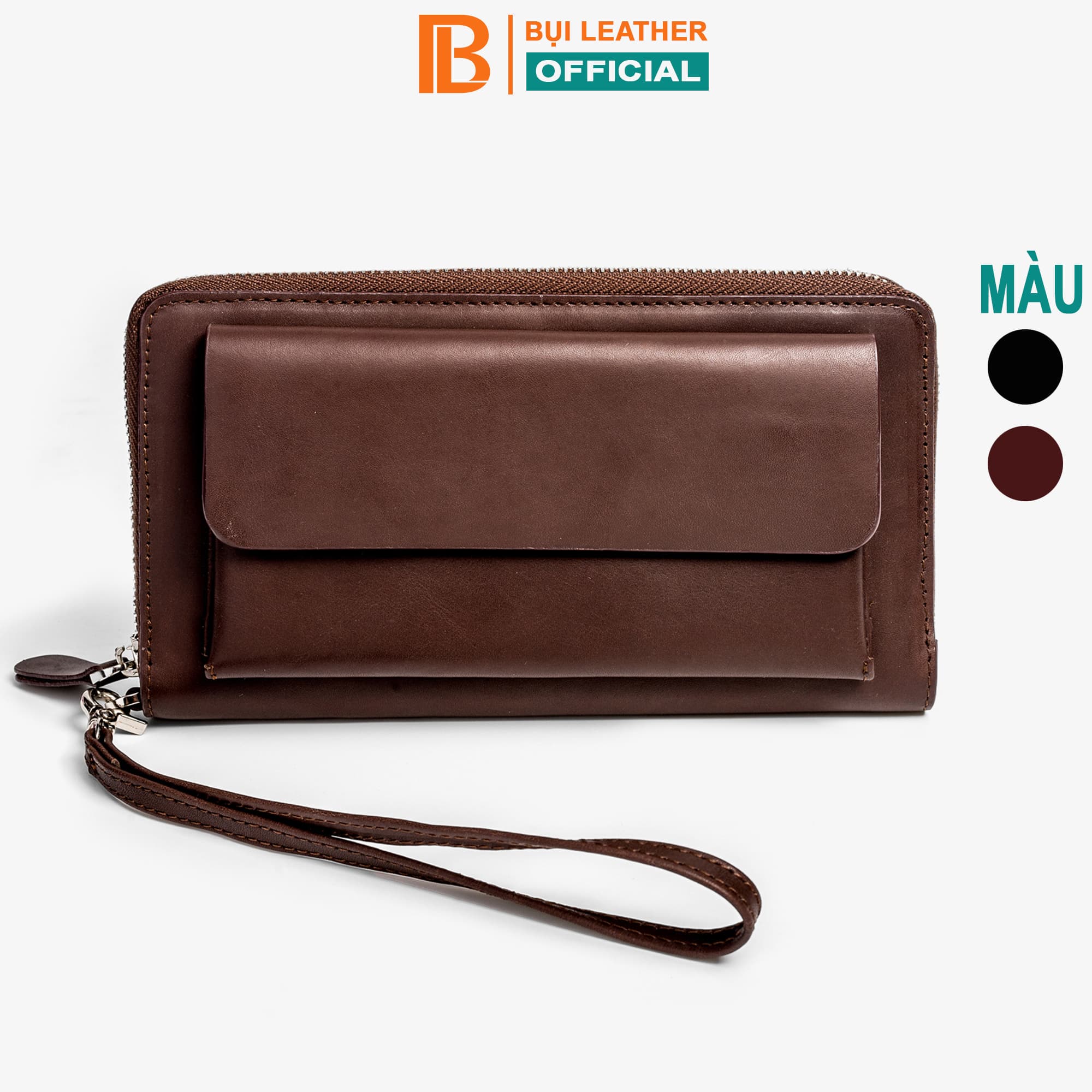 Ví dài cầm tay da bò Mill cao cấp Bụi Leather C107 Màu Nâu