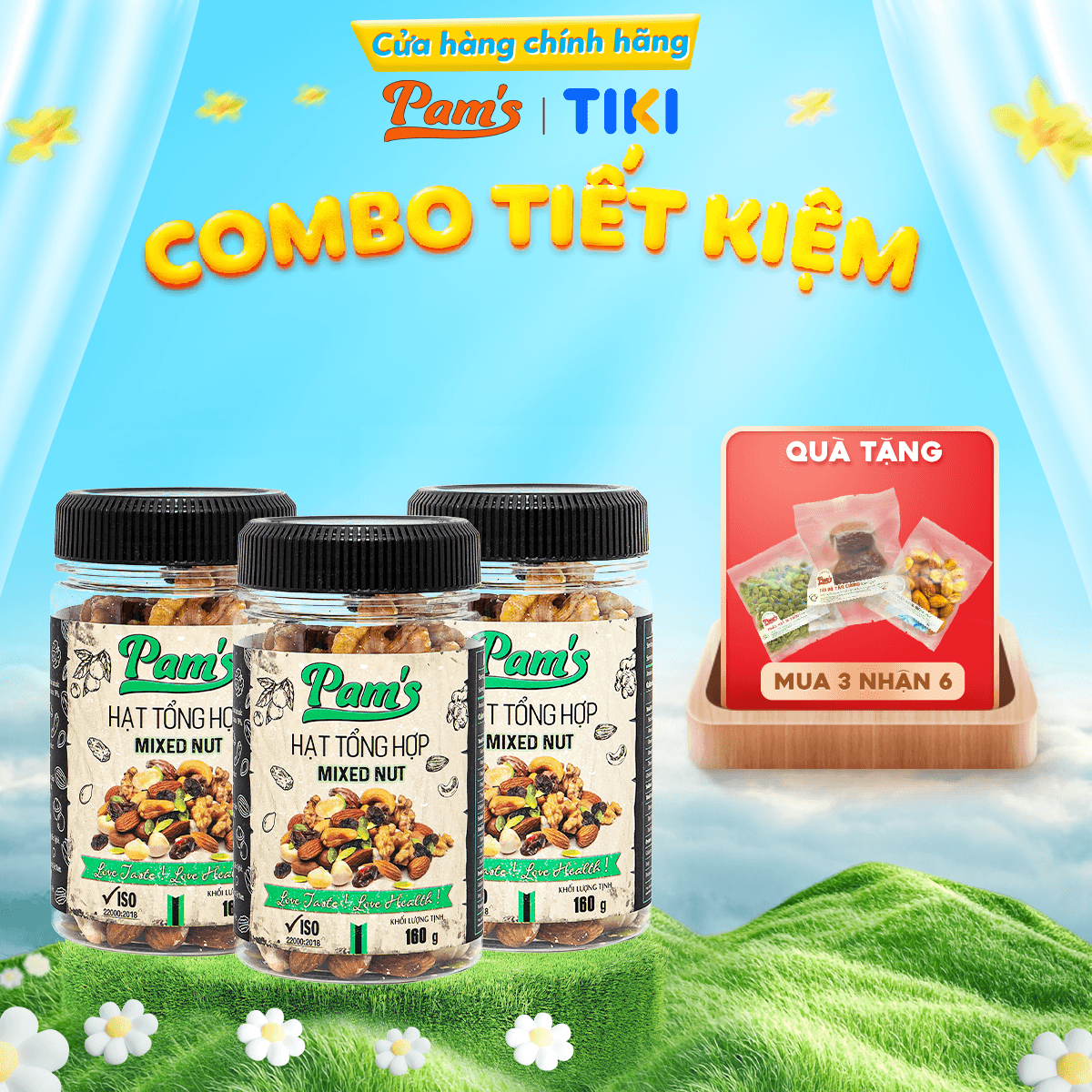 Combo 3 Hũ Ngũ Cốc Mix 6 LoạiMacca Hạnh Nhân Điều Nhân Óc Chó Hạt Bí Nho Úc Pams 160gx3 480g