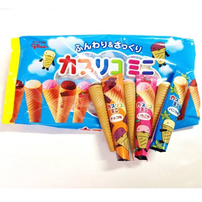 Hộp 10 Bánh ốc quế Glico nhân kem Vanilla Dâu Chocolate 87g Nhập khẩu Nhật Bản