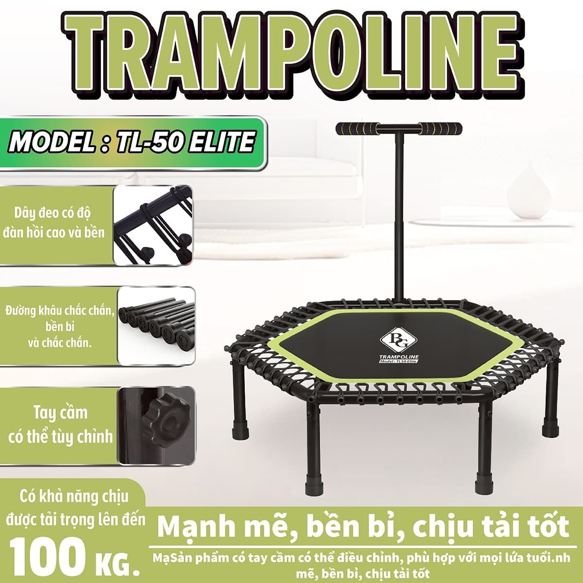 BG Sàn nhún 50 INCH Đệm bật nhún cao cấp có tay cầm Trampoline dành cho mọi lứa tuổi hàng nhập khẩu TRAM 50 ELI GREEN