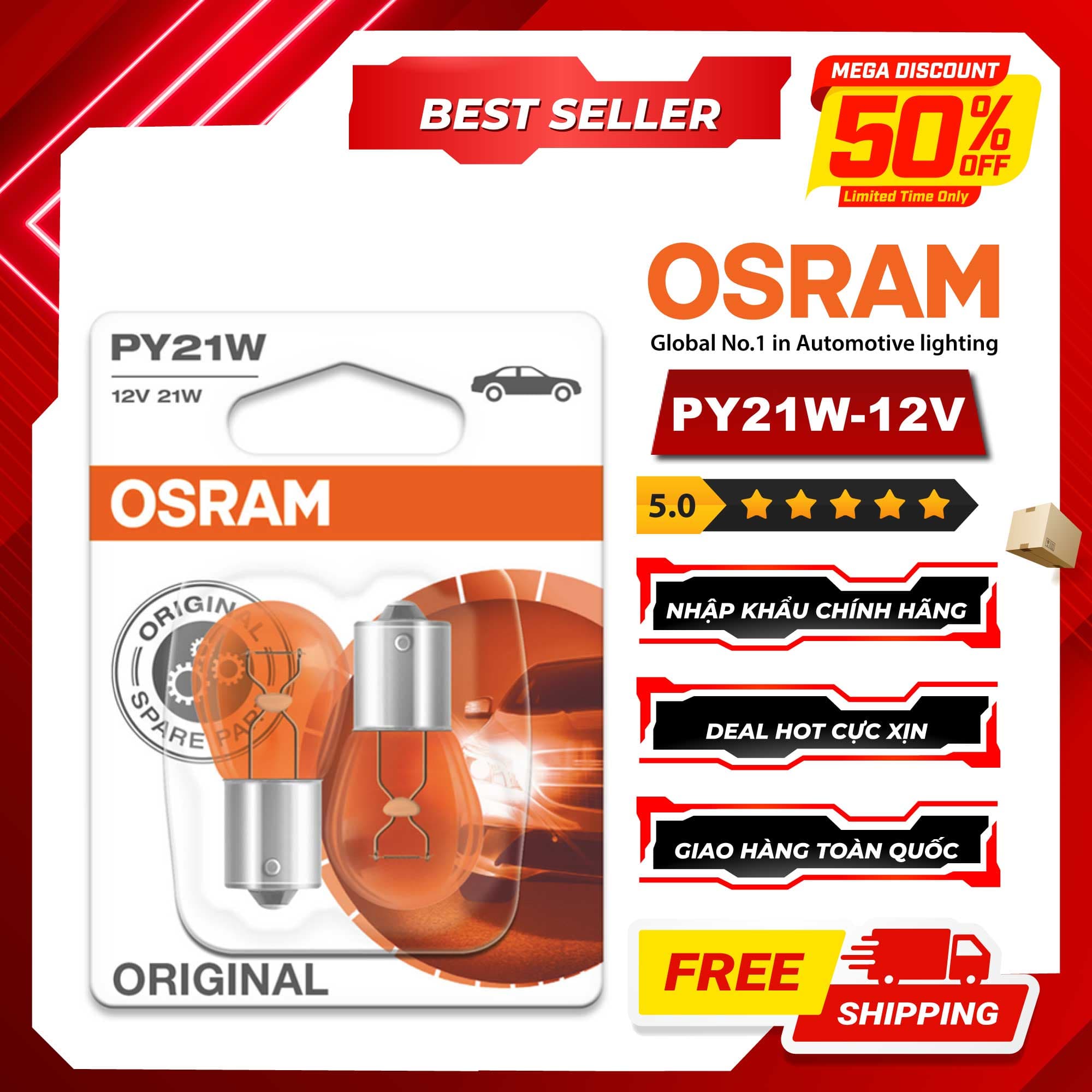 Combo 2 Bóng Đèn Sau 1 Tim OSRAM Original PY21W 7507 02B 12V 21W Chân Xéo