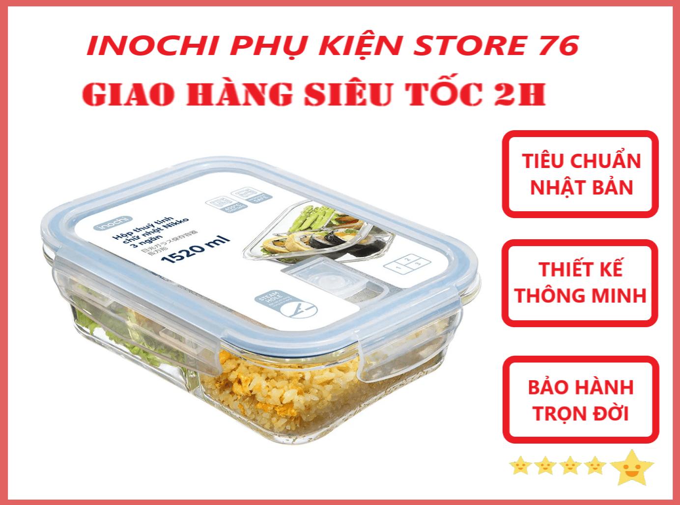 Hộp Cơm Thủy Tinh 23 ngăn Hộp Thủy Tinh Đựng Thức Ăn NIKKO Tiêu Chuẩn Nhật Bản inochi Tặng kèm khăn lau tay đa năng pakasa Chữ nhật 1520ml 3 ngăn