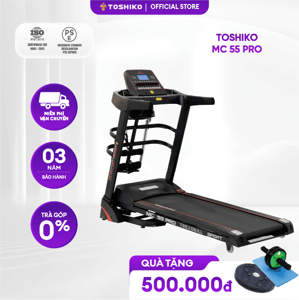 Trả góp 0 tới 12 tháng Máy chạy bộ đa năng tại nhà Toshiko MC55 chức năng nâng dốc tự động theo nhu cầu băng tải rộng chống trơn trượt kèm theo đai massage và thanh gập bụng đồng hồ hiển thị thông số nhịp tim calo tiêu thụ