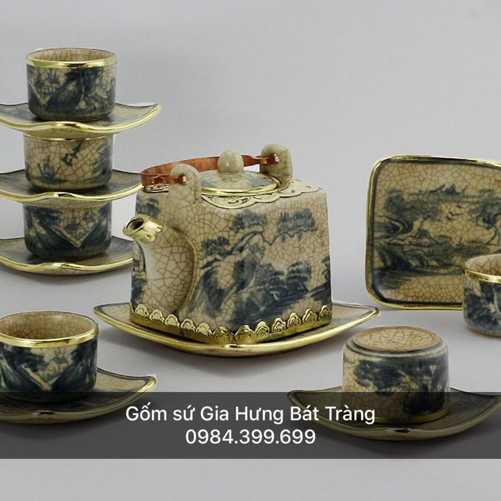 Bộ ấm chén men rạn bọc đồng gốm Bát Tràng