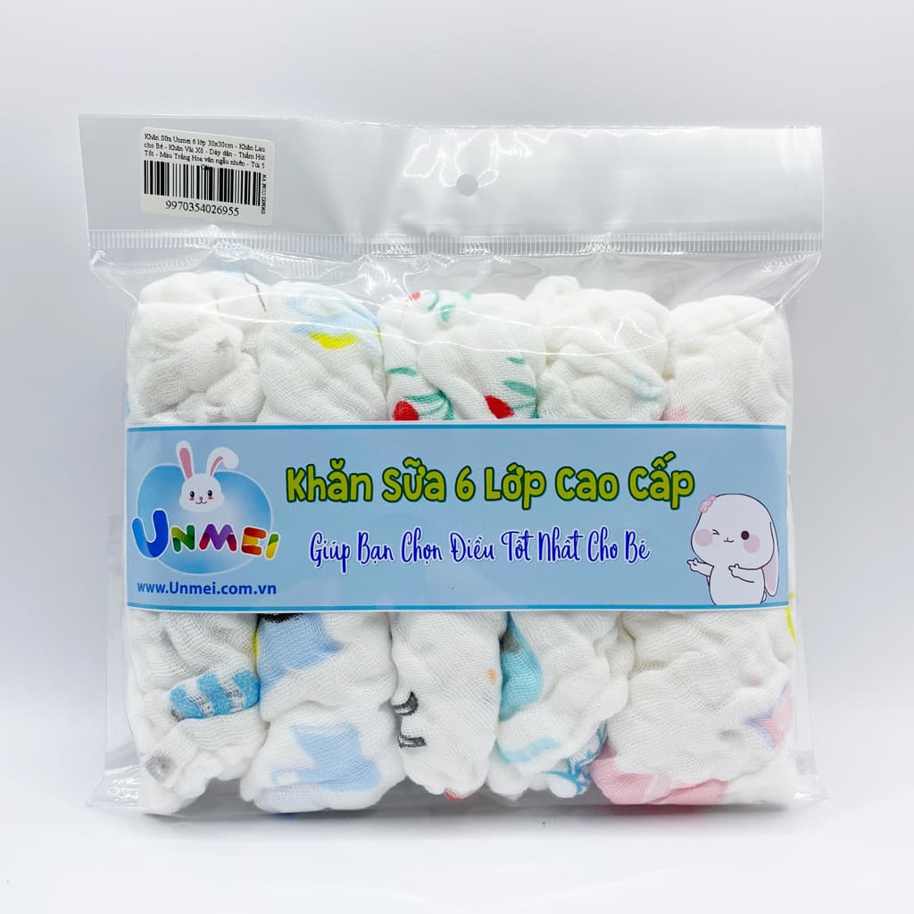 Khăn Sữa Cotton Unmei 6 lớp cho Bé 30x30cm Khăn Vải Xô Dày dặn Thấm Hút Tốt Màu Trắng Hoa văn ngẫu nhiên Tách Lẻ 1 Cái