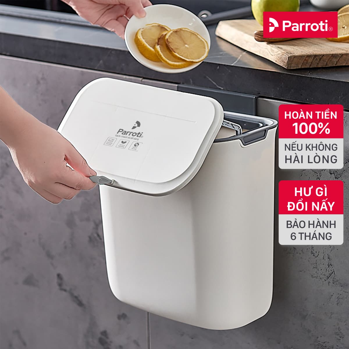 Thùng rác treo tủ bếp có nắp đậy thông minh thùng rác treo tường dán tường có thanh trượt cửa bếp Parroti Bin BN02