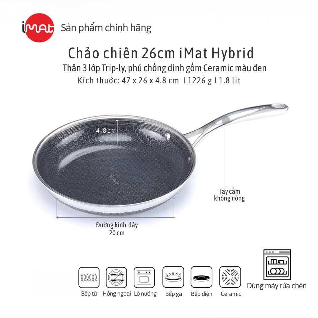 Chảo chiên inox iMat Hybrid Blackcube 26cm Phủ chống dính Ceramic đen