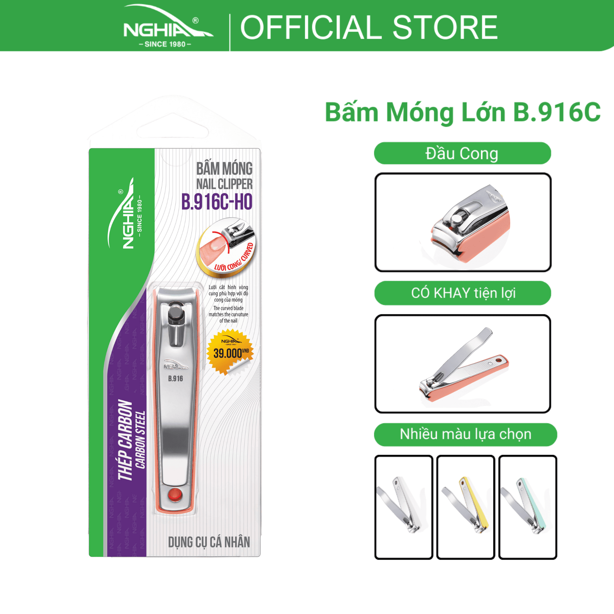 Bấm Móng Tay Thép Carbon Chuyên Dụng KỀM NGHĨA B.916C Lưỡi Cong Loại Lớn Hồng