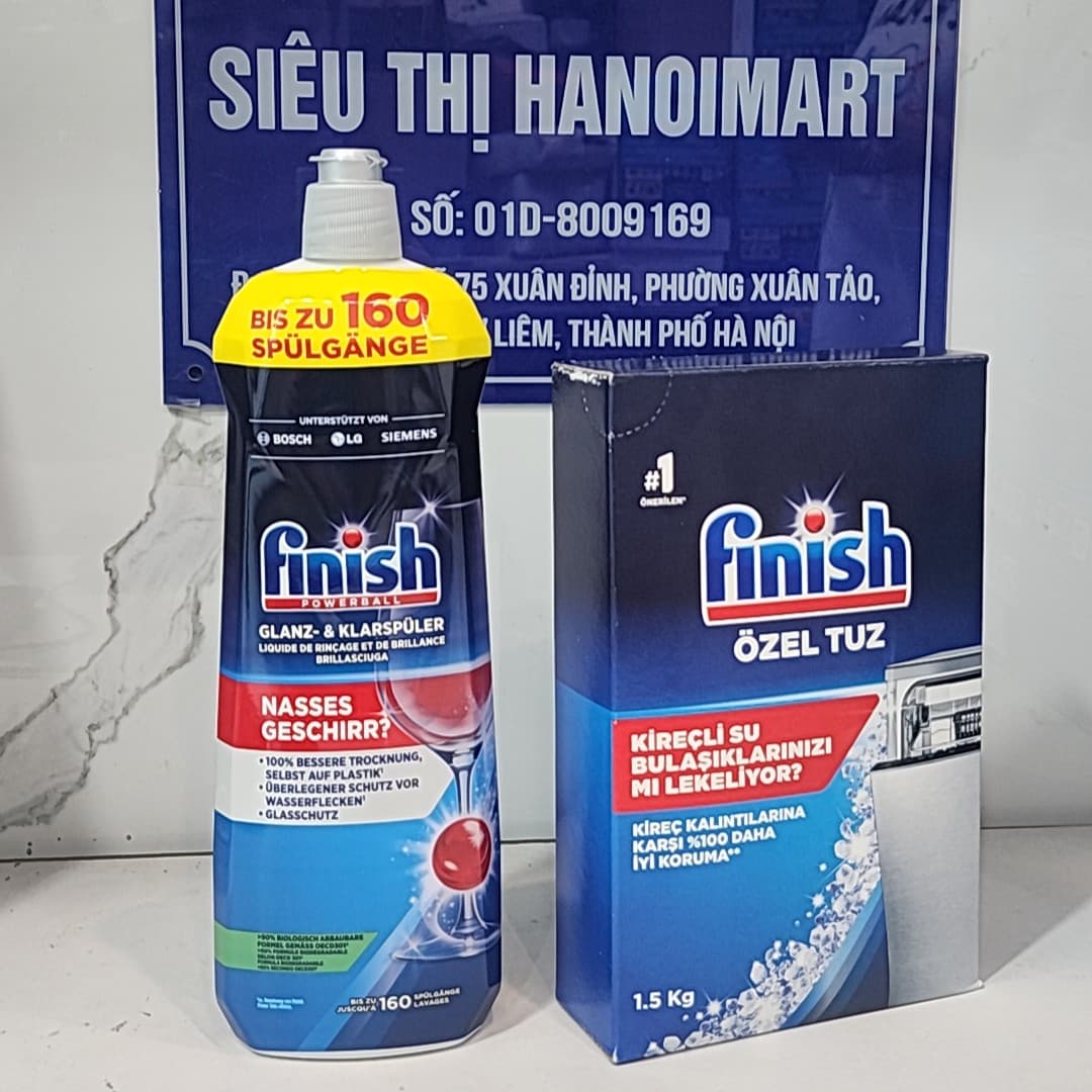 Combo Muối rửa bát finish 1.5kg Nước làm bóng finish 750ml dùng cho Máy rửa bát chén ly Combo muối 1.5kg bóng 750ml
