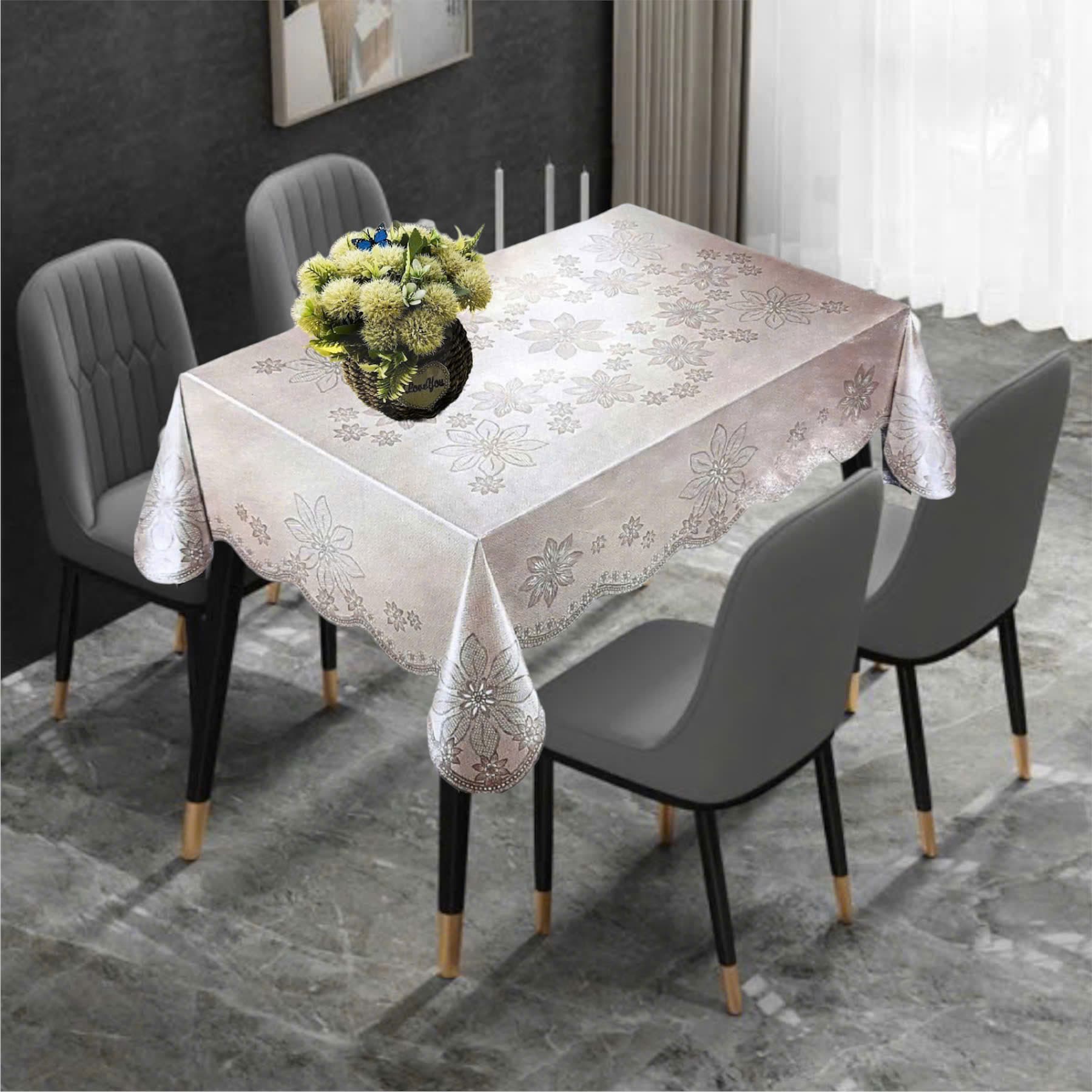 Khăn Trải Bàn PAULEE PWL 241 hoa văn nôi anh kim bạc nền kem bạc không thấm nước 147cm x 230cm.