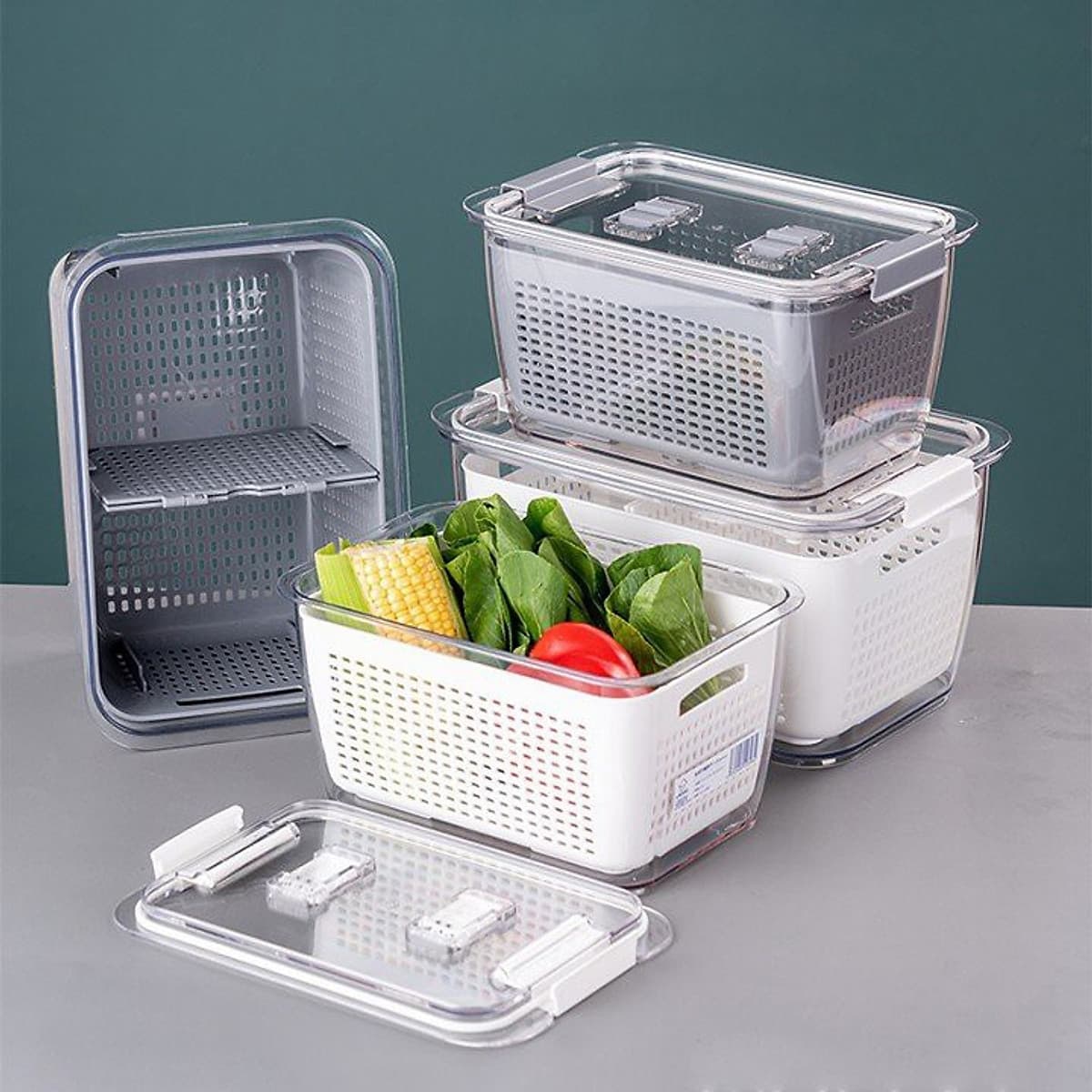 Hộp Đựng Thực Phẩm dễ dàng bảo quản rau củ để Tủ Lạnh 2 Lớp Có Lỗ Thoát Nước Có Khóa Thoát Khí Hàng Loại 1