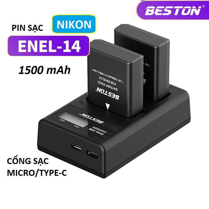 Bộ Pin EN EL14 1500mAh Sạc Beston Dùng Cho Máy Ảnh Nikon D3100 D3200 D3300 D3400 D5100 D5200 D5300 D5500 D5600 P7000 hàng nhập khẩu Dock sạc