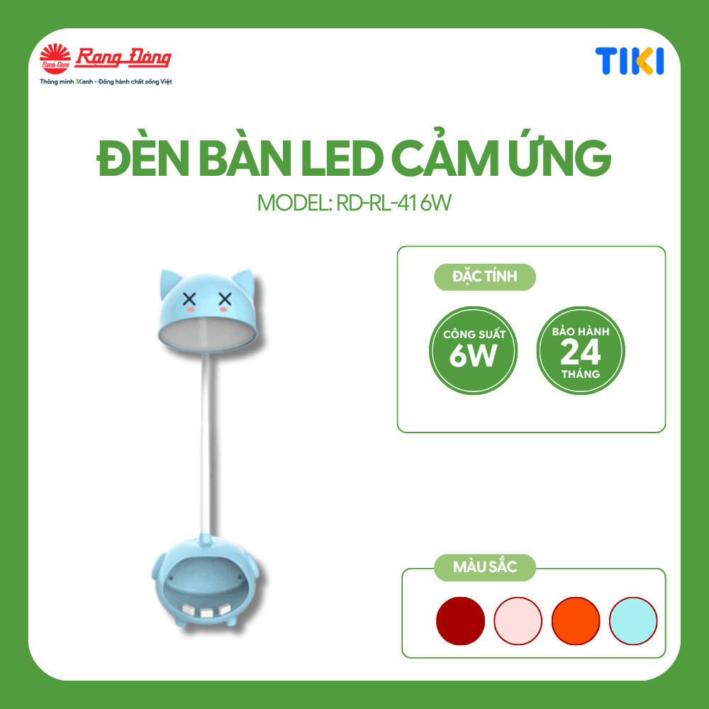 Đèn bàn cảm ứng Rạng Đông thế hệ mới công tắc cảm ứng được bố trí ở 2 bên tai của thân đèn màu sắc phong phú hình con vật ngộ nghĩnh đáng yêu Màu Xanh Dương