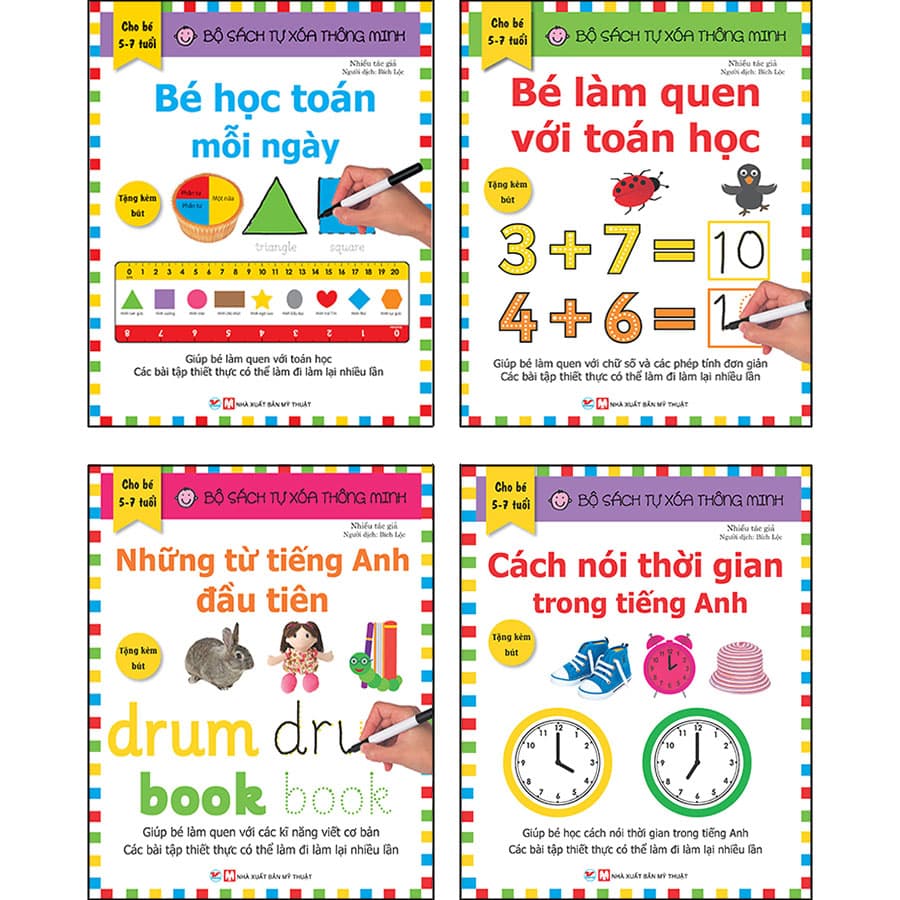 Combo Trọn Bộ 4 Cuốn Bộ Sách Tự Xóa Thông Minh 5 7 tuổi Bé Học Toán Tiếng Anh Tặng Bút Xóa