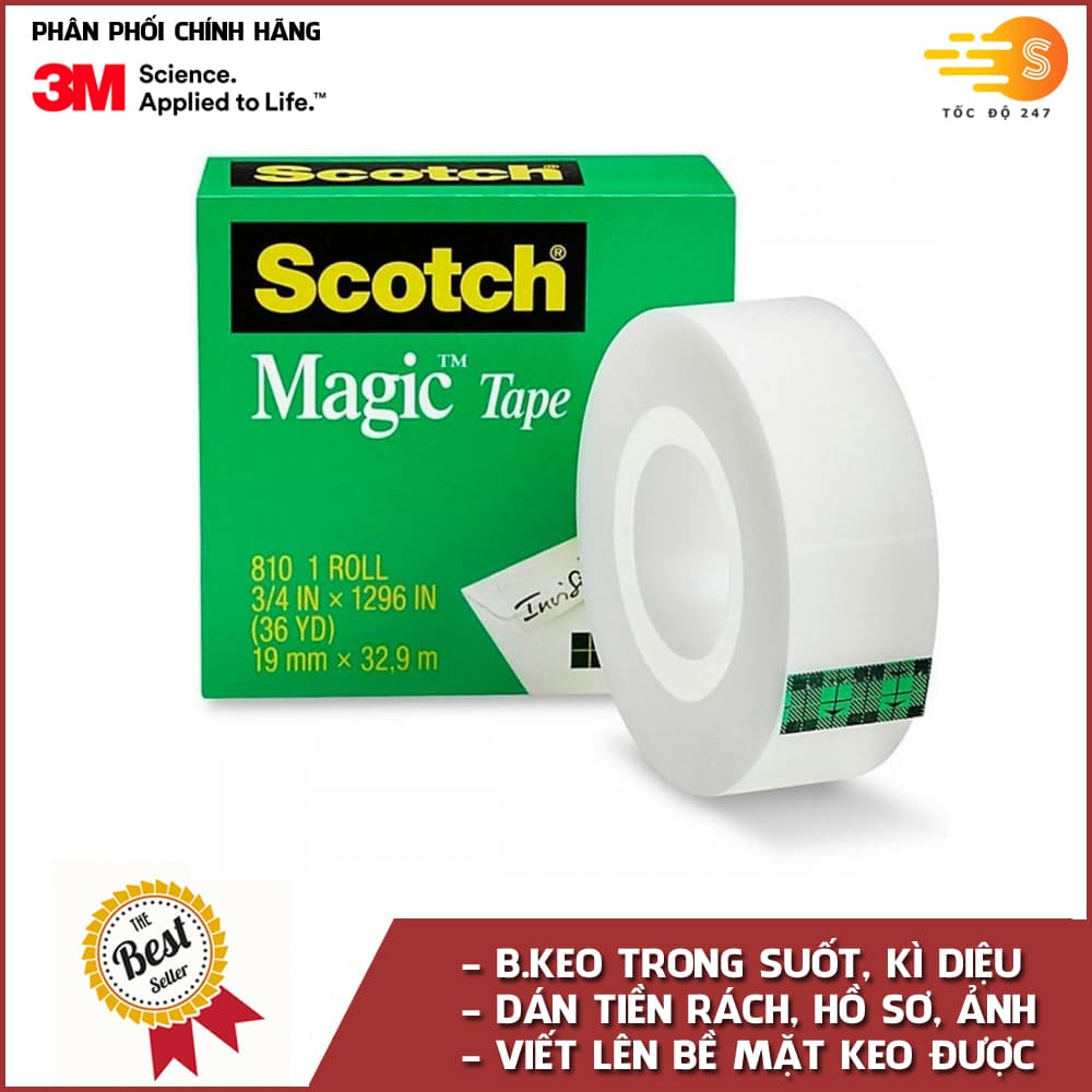 Băng keo đa năng trong suốt kì diệu Scotch Magic Tape 810 dài 32.9m dán tiền hồ sơ ghi lên được gói quà sửa vết rách 19mm x 32 9m