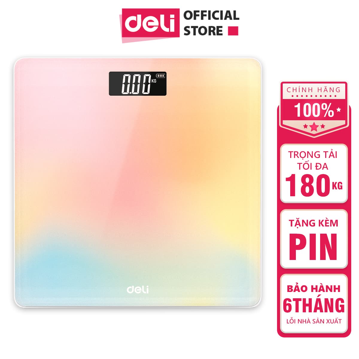 Cân Điện Tử Sức Khoẻ Thông Minh Mặt Vuông Kính Cường Lực Chịu Lực 180Kg Deli Phù Hợp Gia Đình Trường Học Nhiều Màu Sắc E86120 Cam ombre